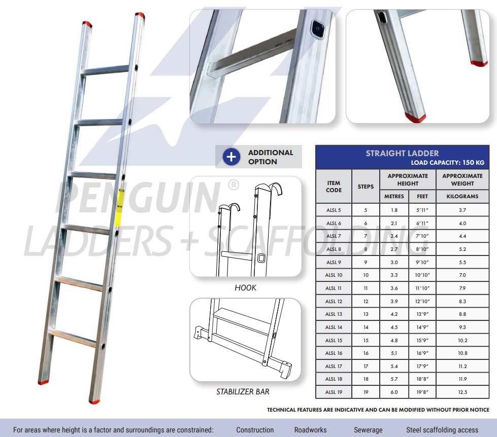 ALUMINIUM STRAIGHT LADDER 14 STEPS 4.5 MTR ALSL 14