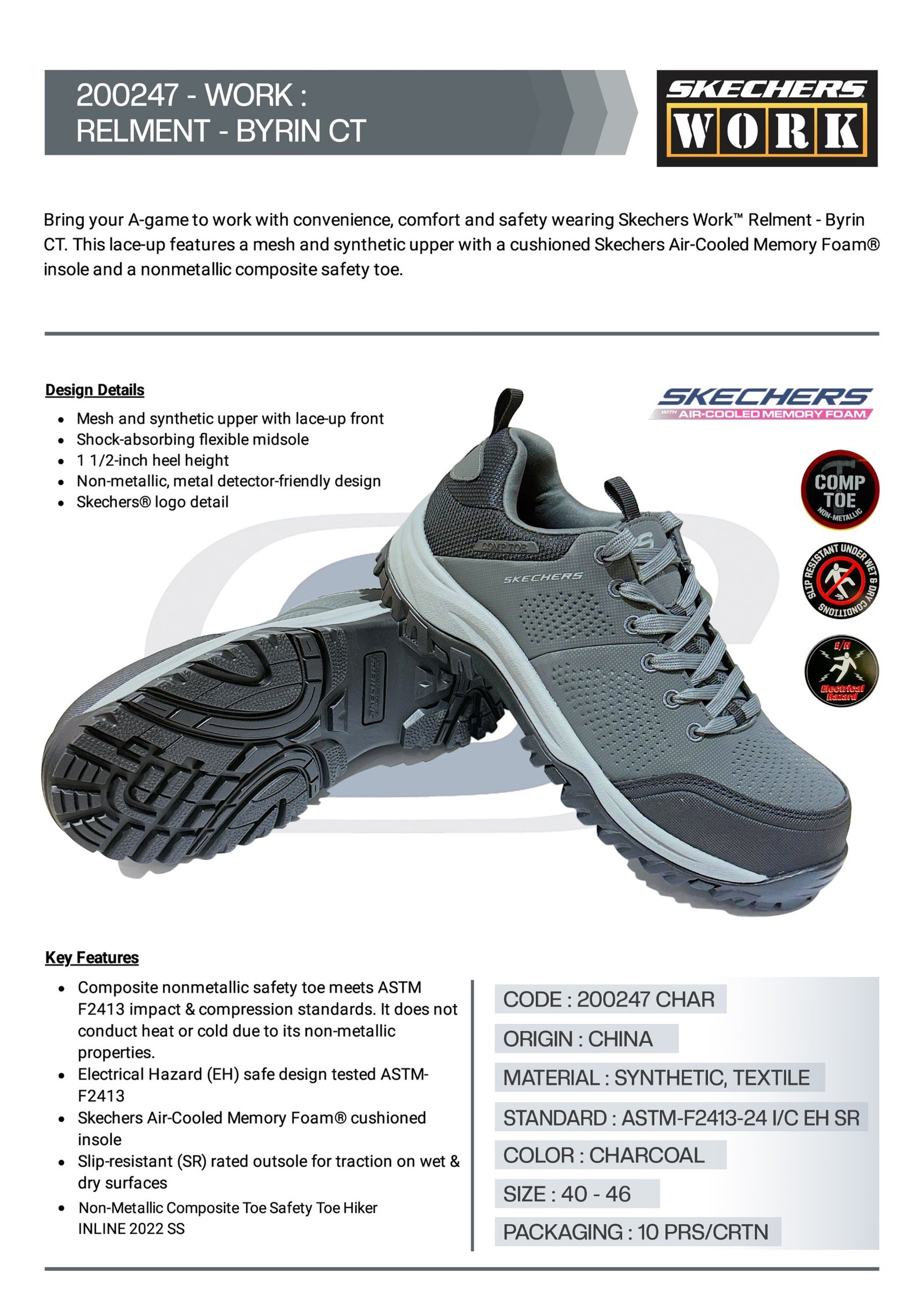 SKECHERS SAFETY SHOES LOW ANKLE 200247 CHARCOAL